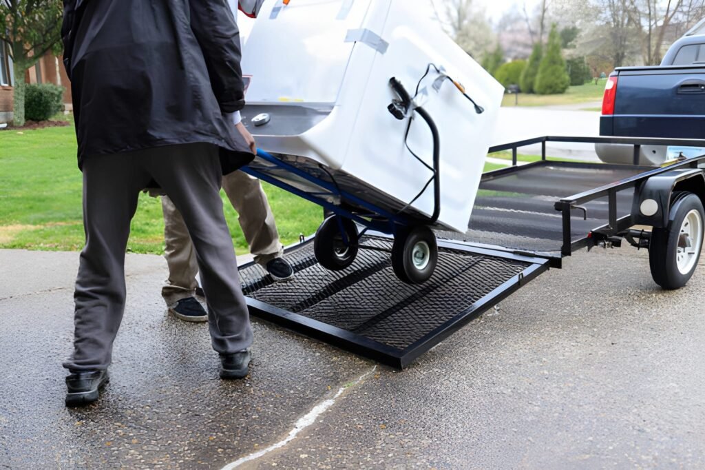 A black African-American man delivering a washing machine on a truck