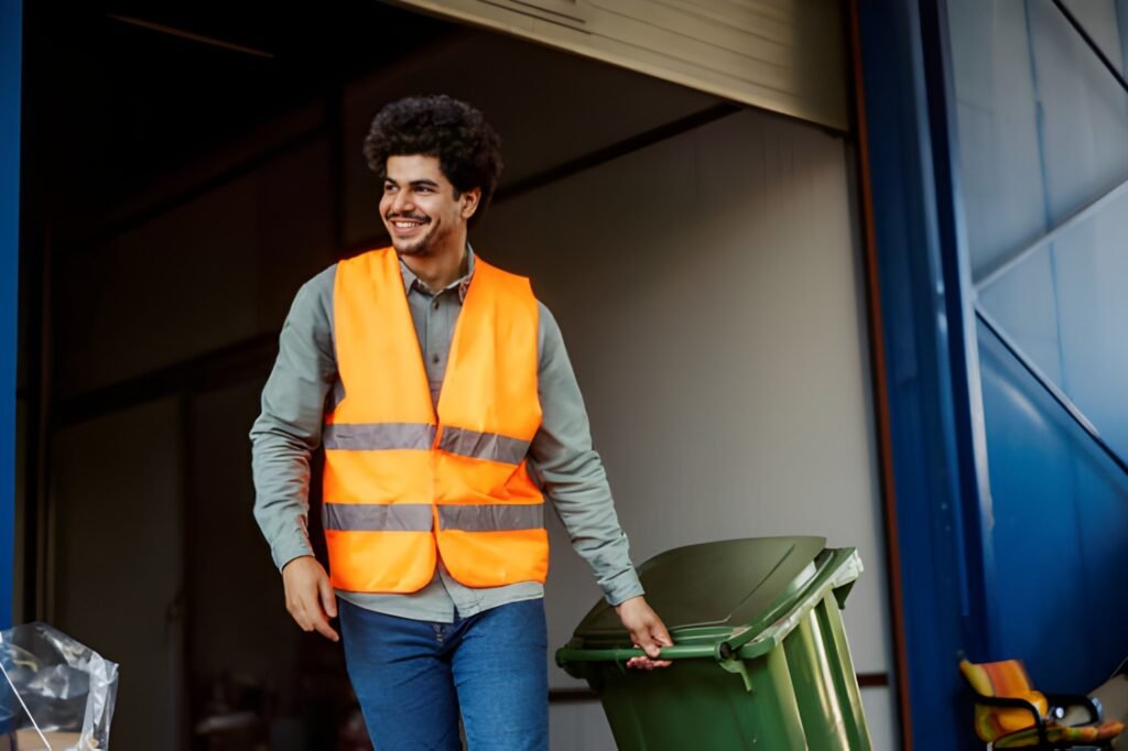 Smiling multicultural warehouse worker taking out trash. stock photo