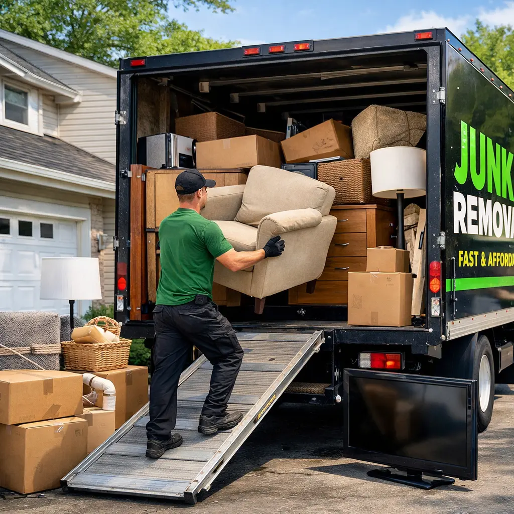 A professional hauling truck being loaded with household furniture and boxes