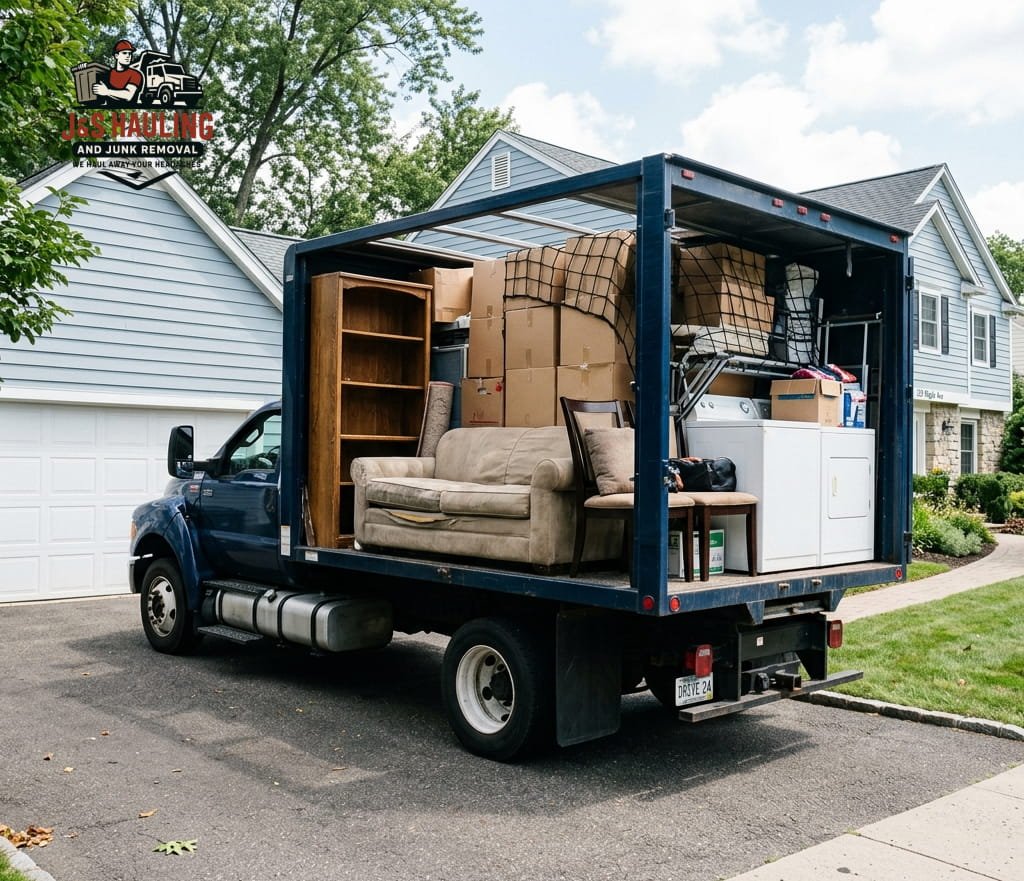 A professional junk removal truck partially filled with household items to demonstrate volume tiers