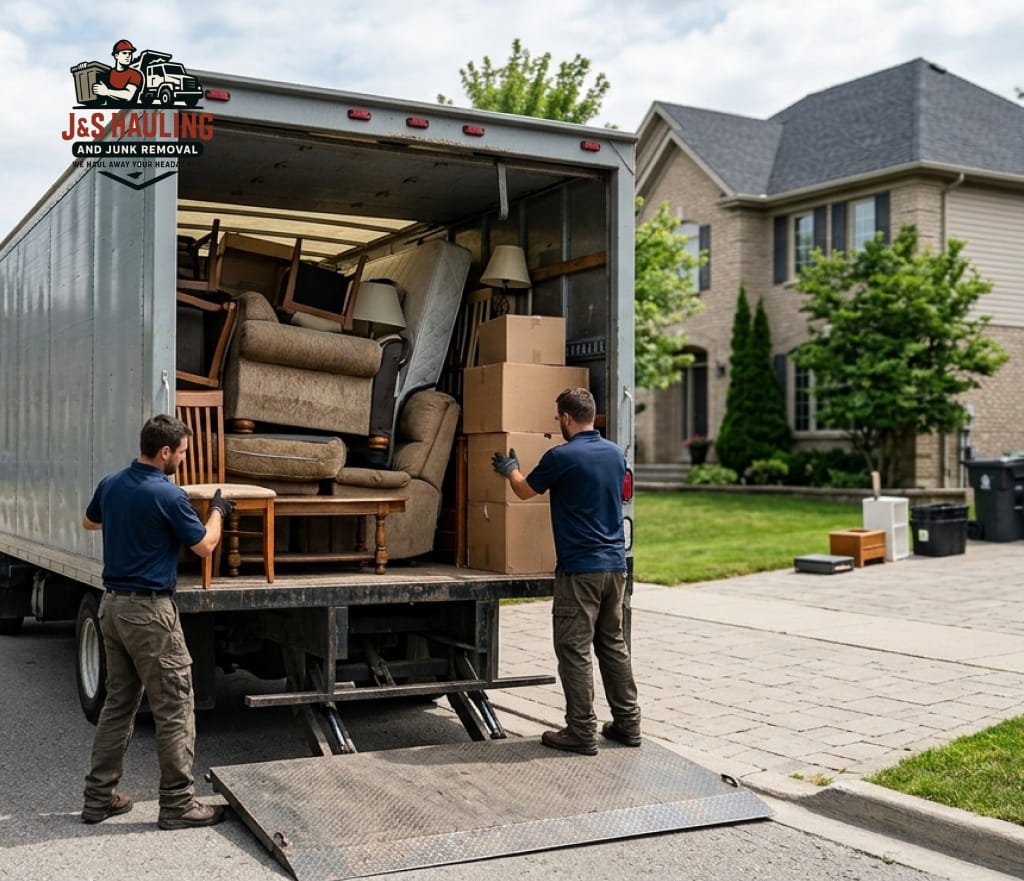 Workers loading furniture and boxes into a hauling truck.