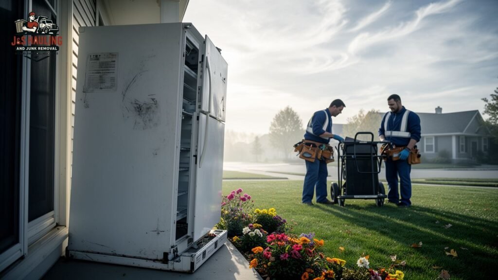 Refrigerator removal service: two workers with a fridge on a dolly.