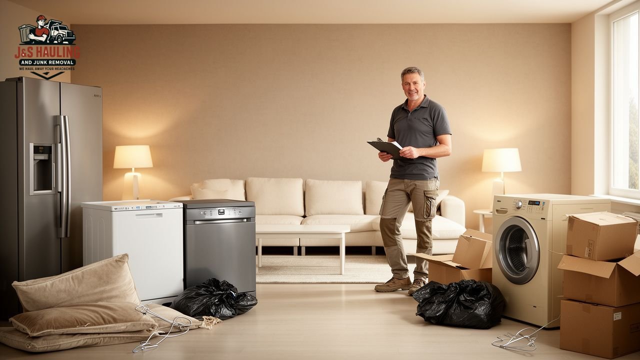 Junk removal company worker with clipboard near appliances and boxes