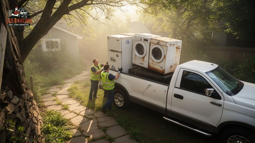 Men loading old appliances onto a truck for removal cost.