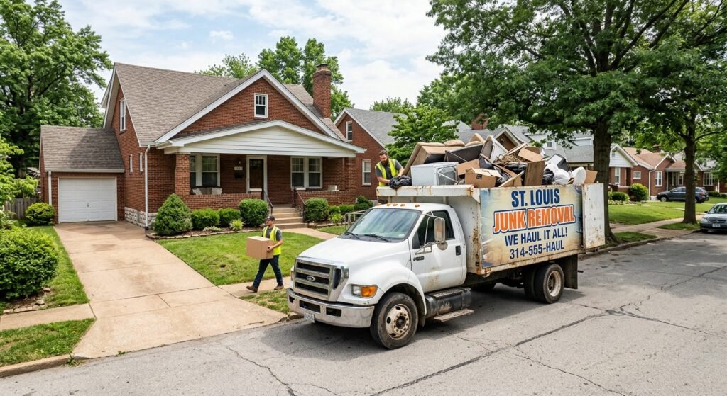 loaded junk removal truck parked outside a St. Louis home
