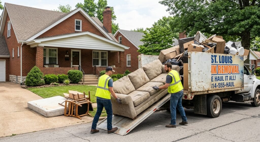 two workers loading a couch into a hauling truck