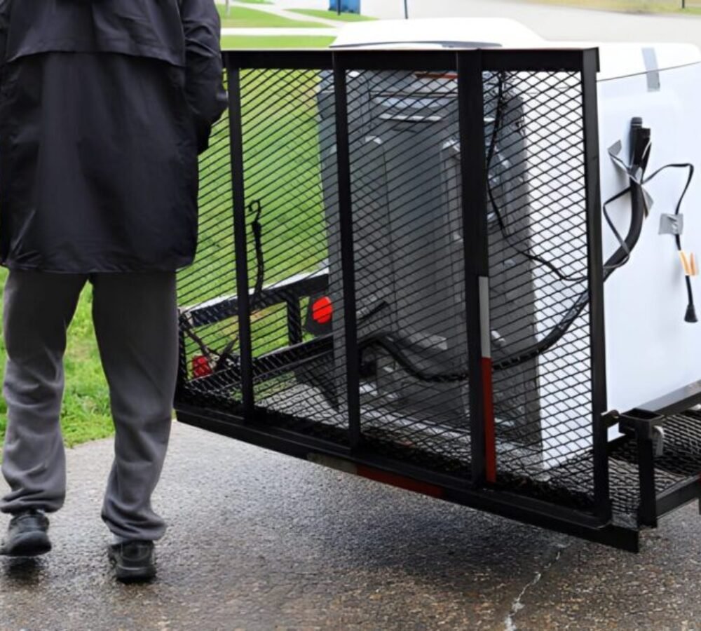 A black African-American man delivering a washing machine on a truck