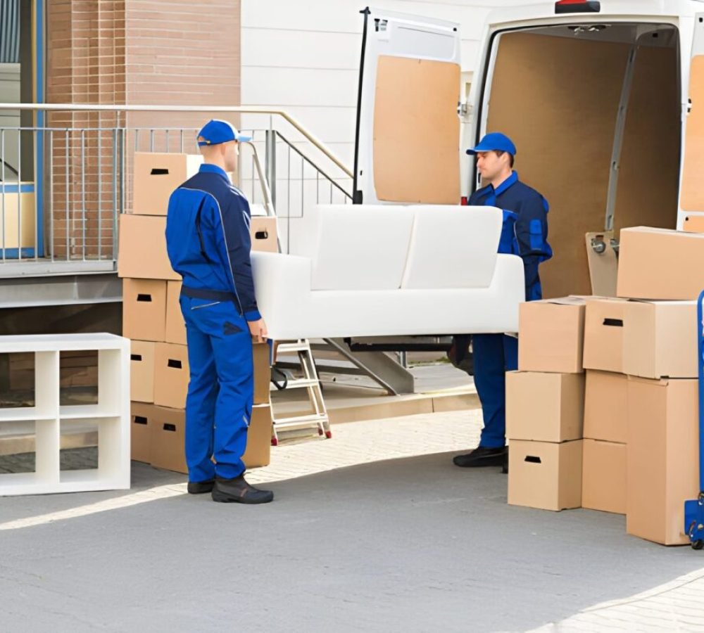 Movers Carrying Sofa Outside Truck On Street